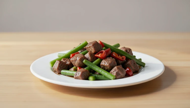 AI illustration of Generic illustration of cooked chili-pepper beef with green beans.