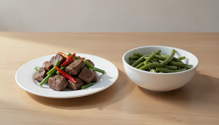 AI illustration of Generic illustration of cooked chili-pepper beef and string beans.
