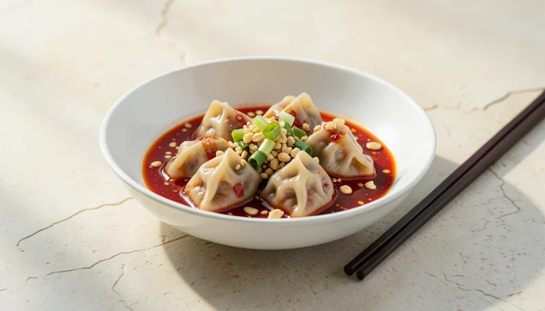 AI illustration of steamed dumplings in red chili oil with garlic, peanuts and scallion