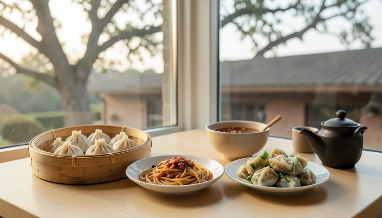 AI illustration of An imagined shared Chinese table: a bamboo basket of soup dumplings, a bowl of chili-oil noodles, a plate of steamed vegetable dumplings and a pot of tea in warm evening light, with no restaurant signage.