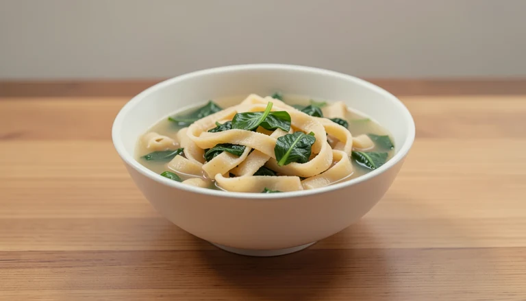 AI illustration of a bowl of broad knife-cut wheat noodles with leafy greens