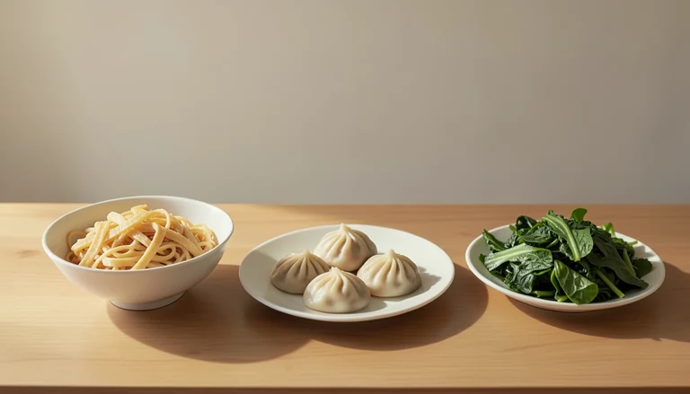 AI illustration of Illustration of a shared table with wheat noodles, pleated dumplings and greens.