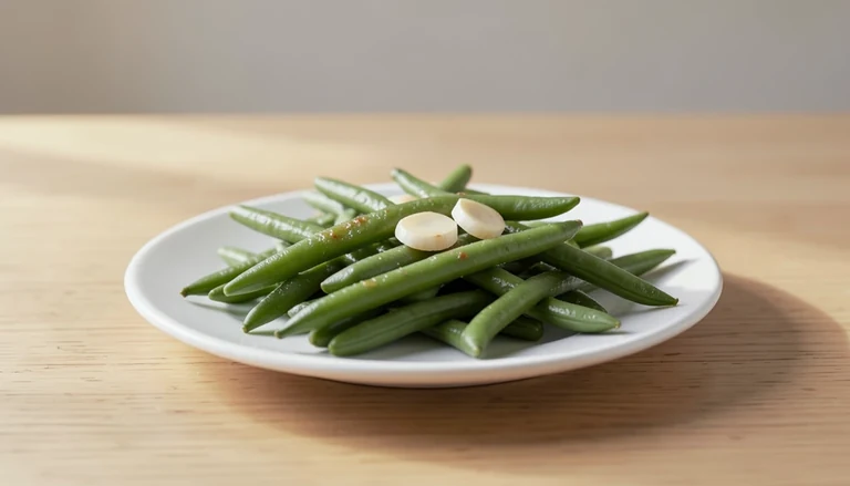 AI illustration of Illustration of cooked green beans with sliced garlic.
