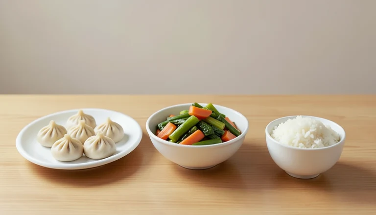 AI illustration of Illustrated shared table with closed dumplings, cooked vegetables and rice.
