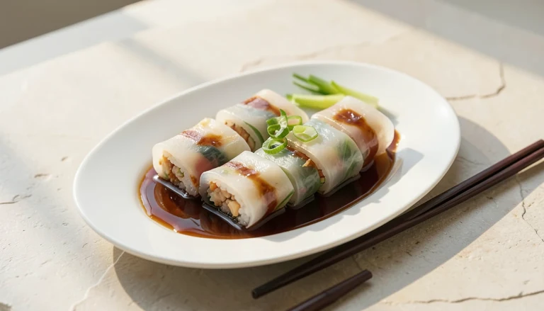AI illustration of rice noodle rolls with soy sauce and scallion