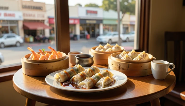 AI illustration of An imagined Chinese lunch table in late afternoon light: a bamboo steamer of shrimp dumplings, a bowl of rice noodles with beef and scallion, sliced roast duck over rice, and a small dish of black vinegar.