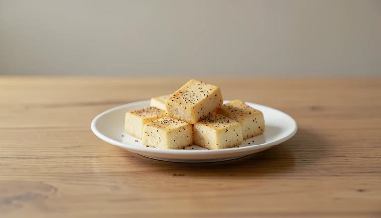 AI illustration of golden cooked tofu pieces with pepper flecks