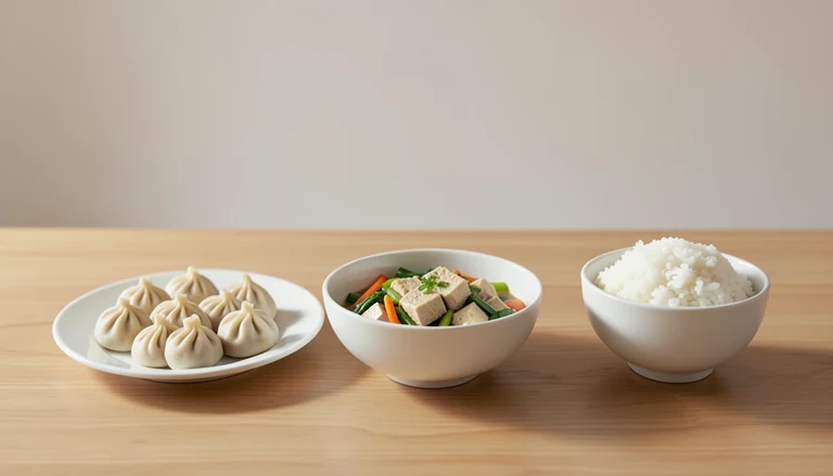 AI illustration of Illustration of closed pleated dumplings beside tofu and vegetables and white rice.