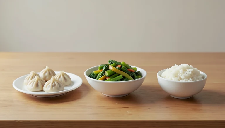 AI illustration of Illustrated shared table with closed dumplings, cooked vegetables and rice.