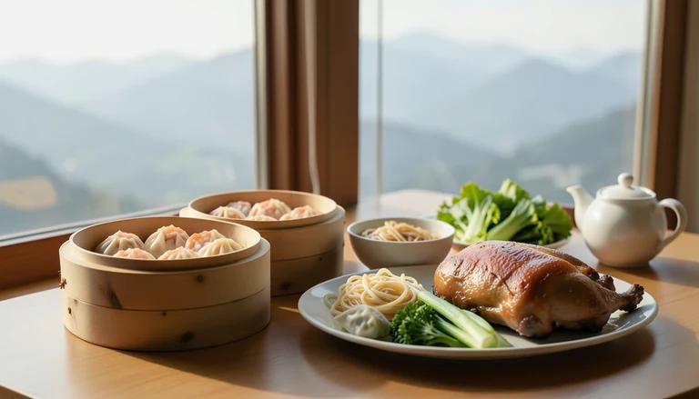 AI illustration of An imagined shared table with steamers, noodle bowls, roast meat, greens and a teapot beside a mountain-view window.
