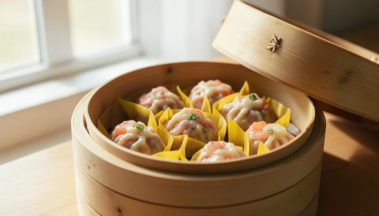 AI illustration of open-topped pork and shrimp siu mai with yellow wrappers in a bamboo steamer