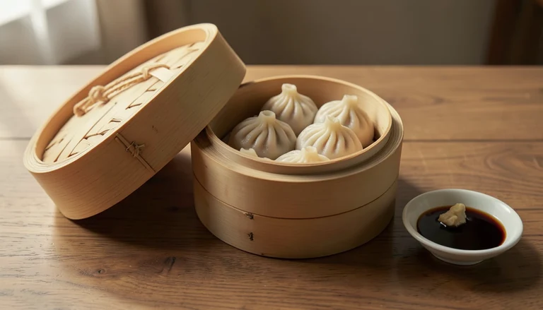 AI illustration of pleated pork dumplings in a bamboo steamer