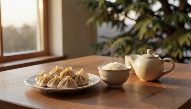 AI illustration of An imagined shared Chinese table: a plate of dumplings, a bowl of rice and a pot of tea in warm evening light, with no restaurant signage.