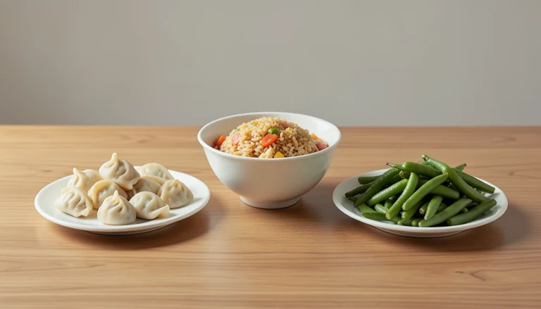 AI illustration of Illustration of a shared meal with dumplings, rice and green vegetables.