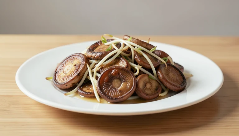 AI illustration of cooked brown mushrooms with pale bean sprouts