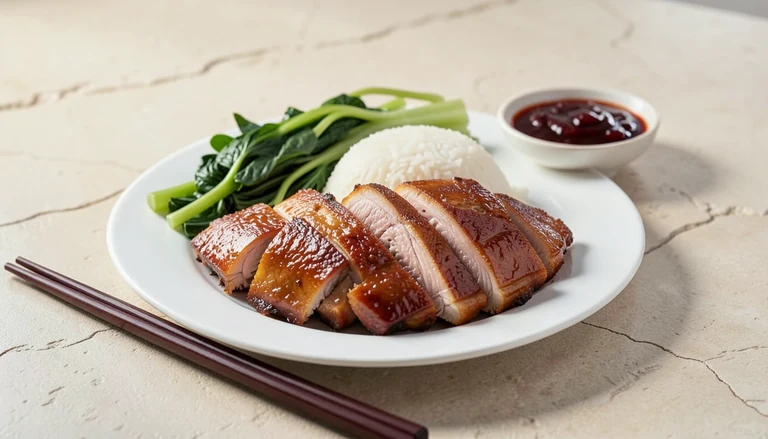 AI illustration of sliced Cantonese roast duck with crisp skin over rice and greens