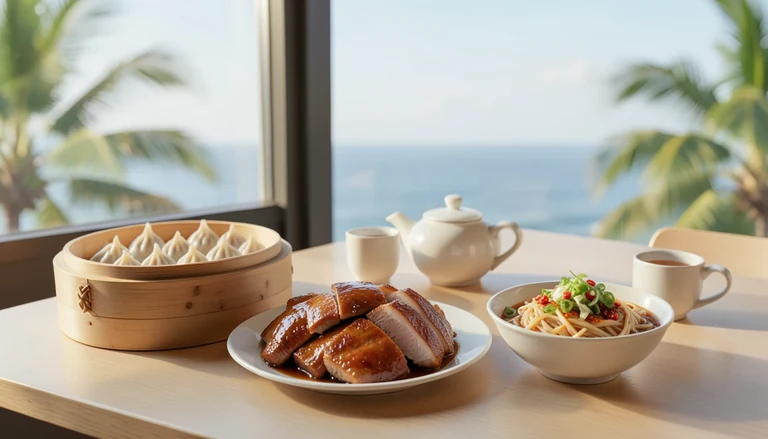 AI illustration of An imagined shared table for a Convoy Street Chinese meal in San Diego: bamboo steamers of dumplings, a plate of roast duck, a bowl of noodles and a teapot on a wooden table in warm coastal light.