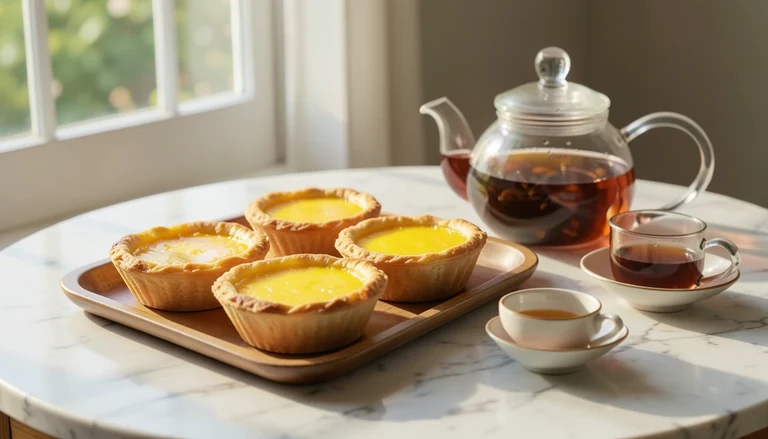 AI illustration of golden egg custard tarts beside a teapot