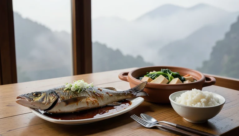 AI illustration of A round table with roast duck and pancakes, bamboo steamers of dim sum, and a bowl of chili oil dishes, lit by window light