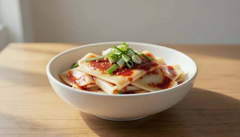 AI illustration of broad folded wheat noodles with chili oil and scallion