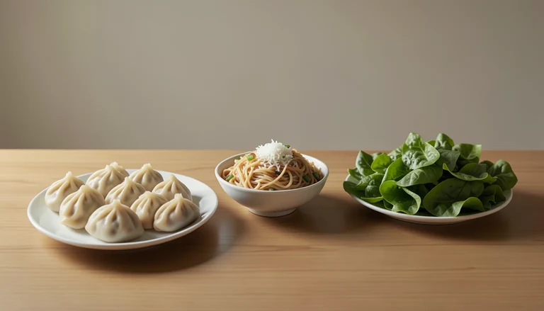 AI illustration of Illustration of a shared table with steamed dumplings, a rice-noodle bowl and greens.