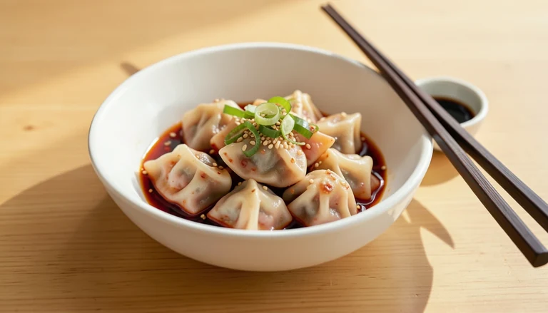 AI illustration of small pork wontons in red chili oil with scallion and sesame
