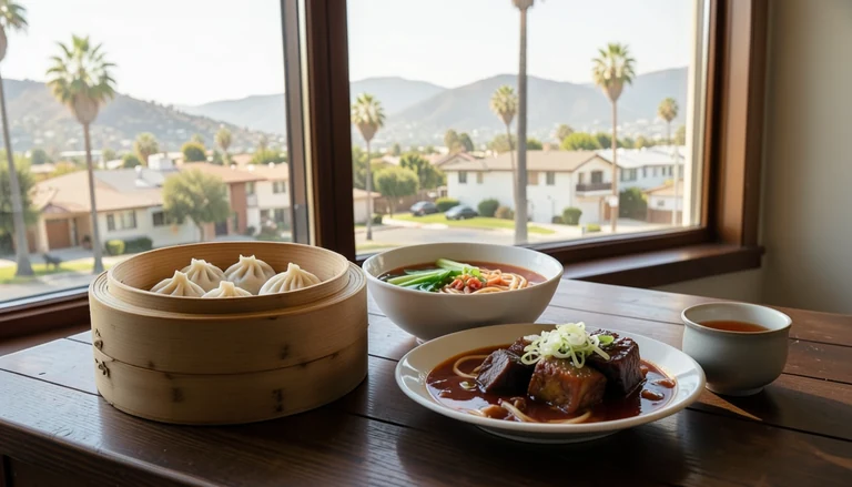 AI illustration of An imagined shared Chinese meal on a dark wooden table: a bamboo steamer of dumplings, a bowl of red-braised beef noodle soup, a dish of red-braised beef and a pot of tea, with daylight through a window onto a low-rise California street lined with palms.