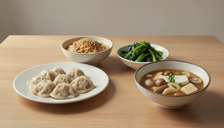 AI illustration of An imagined shared table with steamed dumplings, peanut-sauce noodles, a vegetable dish and a bowl of malatang, illustrated without depicting a real restaurant.