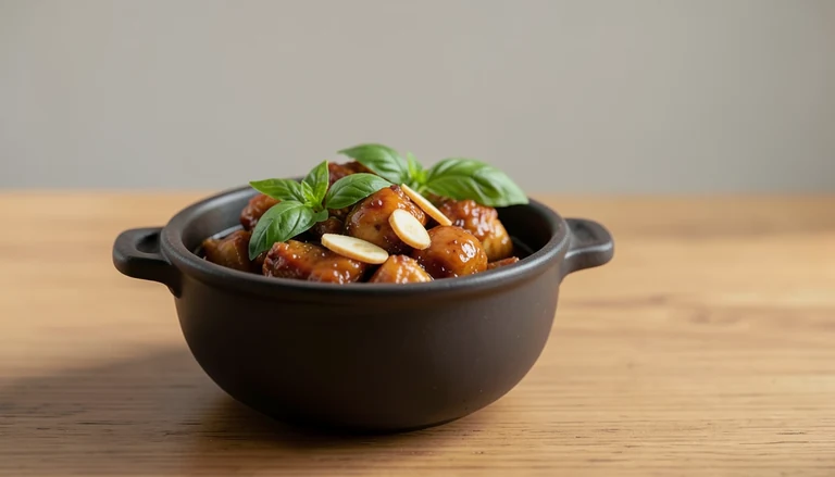 AI illustration of braised chicken with ginger and basil in a clay pot