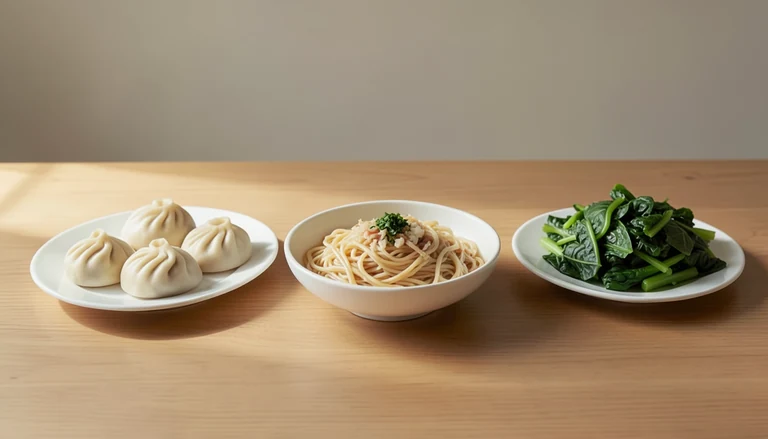AI illustration of Illustration of a shared table with closed dumplings, noodles and cooked greens.