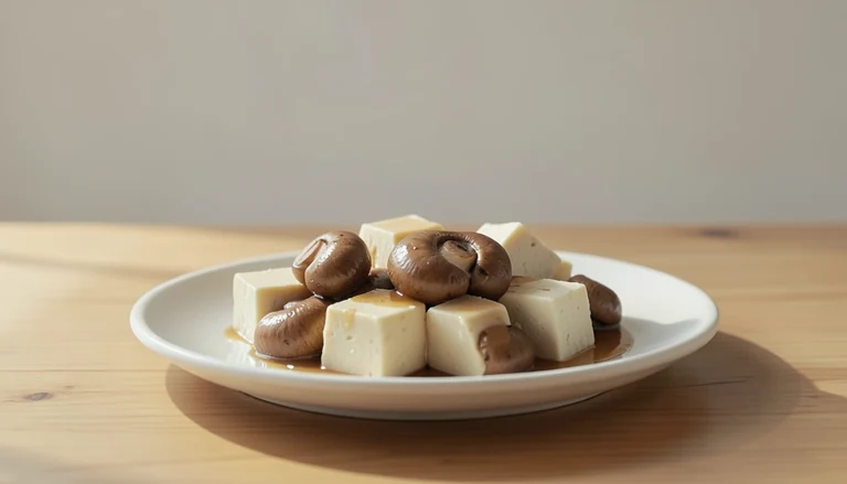 AI illustration of pale tofu cubes and cooked mushrooms in a light sauce