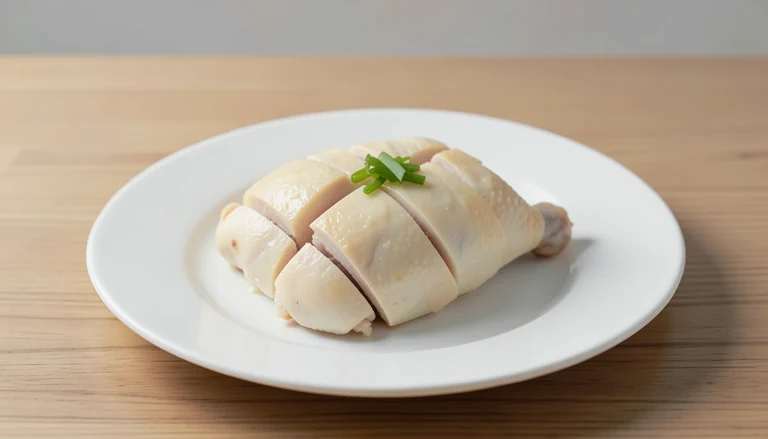AI illustration of pale cooked chicken pieces on a plain plate