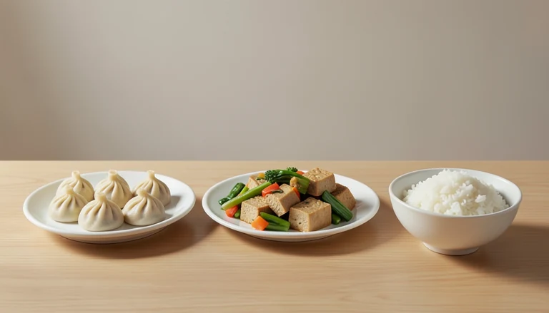 AI illustration of Illustration of a shared meal with dumplings, tofu and vegetables beside rice.