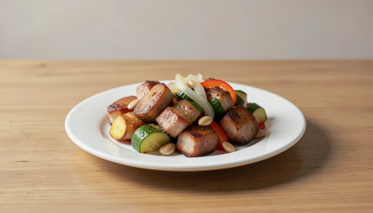 AI illustration of small browned pork pieces with cooked vegetables and peanuts