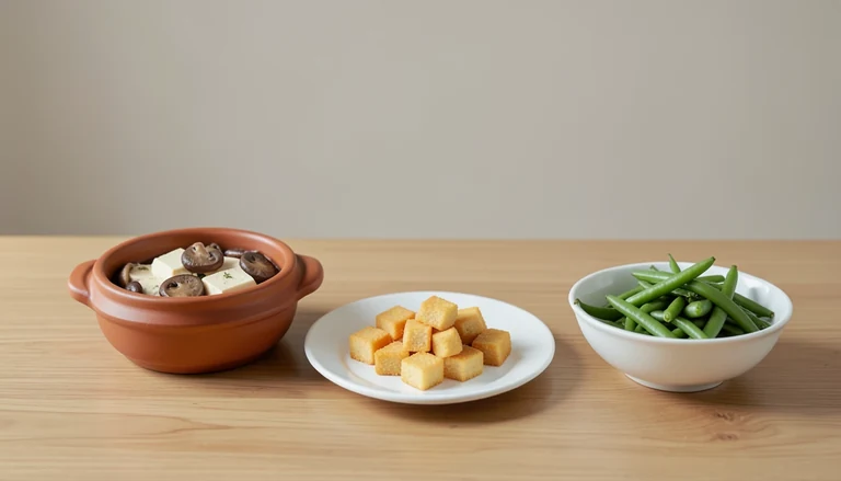 AI illustration of Illustration of tofu and mushrooms in a clay pot beside golden tofu pieces and green beans.