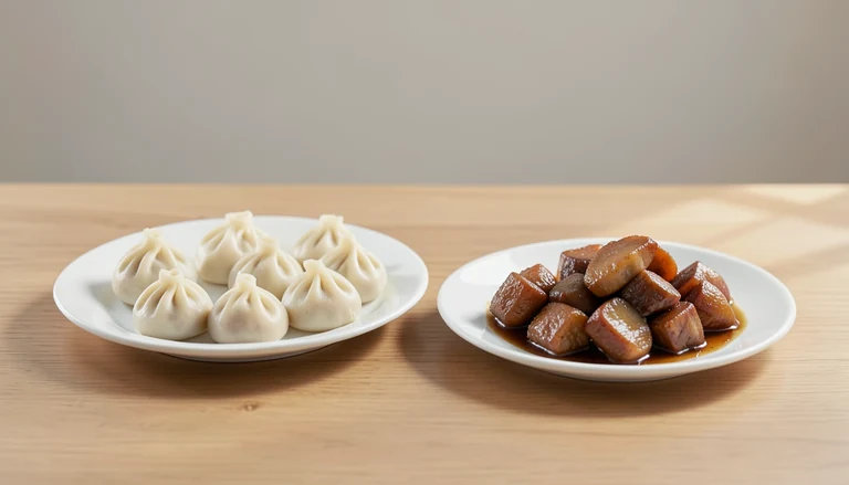AI illustration of Generic illustration of cooked pork soup dumplings and braised pork belly in two dishes.