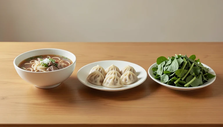 AI illustration of Illustrated shared table with dumplings, noodles and vegetables; no real restaurant depicted.