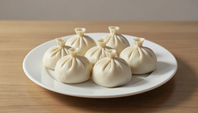 AI illustration of pleated soup dumplings on a plain white plate
