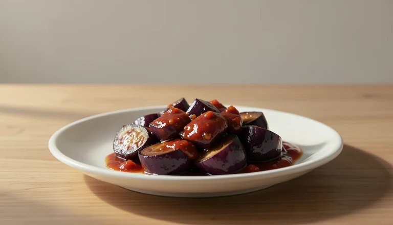 AI illustration of soft cooked eggplant with glossy sauce