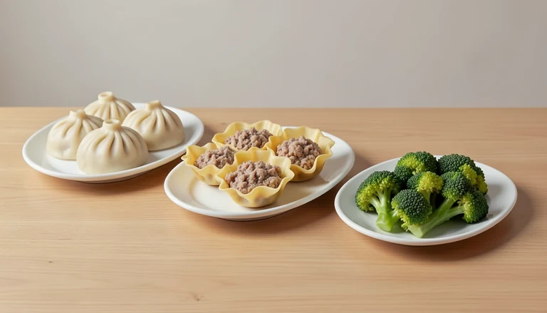 AI illustration of Illustration of closed dumplings, open-topped dumplings and cooked broccoli.
