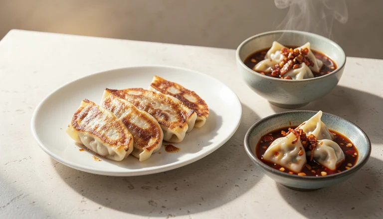 AI illustration of pan-fried pork dumplings with black vinegar and chili crisp
