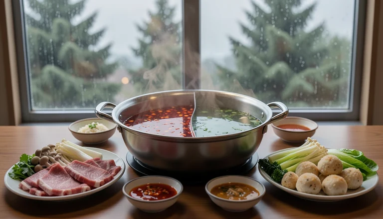 AI illustration of A table of shared Chinese dishes with steamed dumplings, roast meats and noodles in a dining room in a Pacific Northwest city