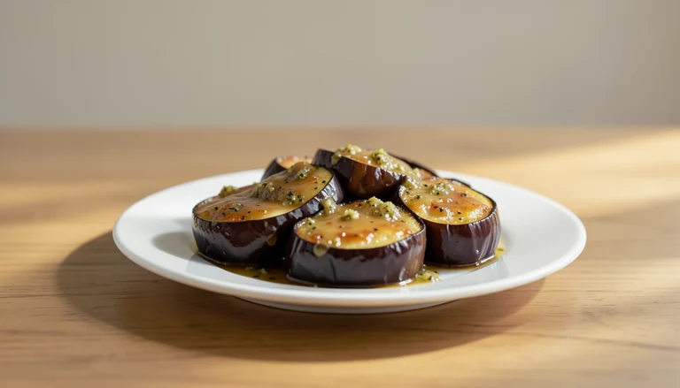 AI illustration of cooked eggplant segments in sauce on a white plate