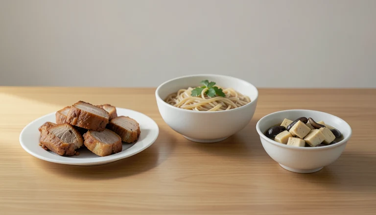 AI illustration of Illustration of cooked pork beside a bowl of noodles and tofu with mushrooms.
