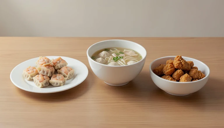 AI illustration of Illustration of open dumplings with cooked shrimp beside wonton noodle soup and a chicken dish.