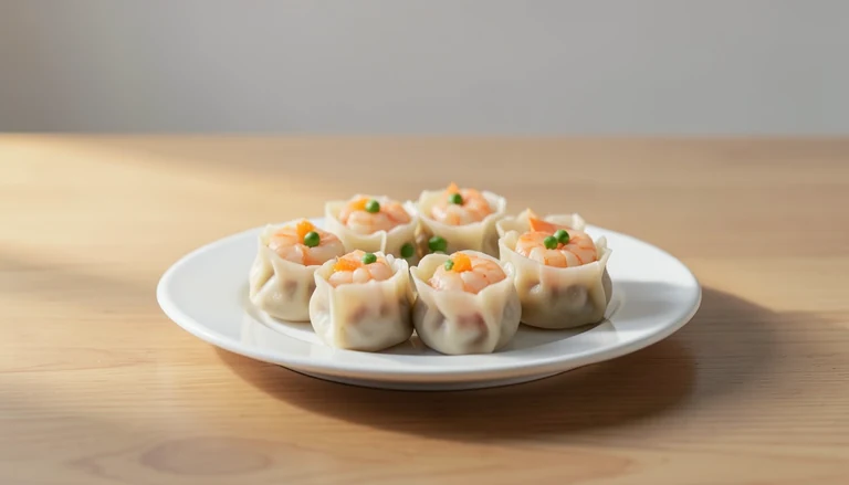 AI illustration of open-top dumplings with cooked shrimp filling on a white plate