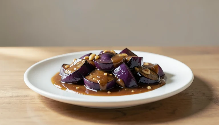 AI illustration of soft cooked eggplant with glossy brown sauce