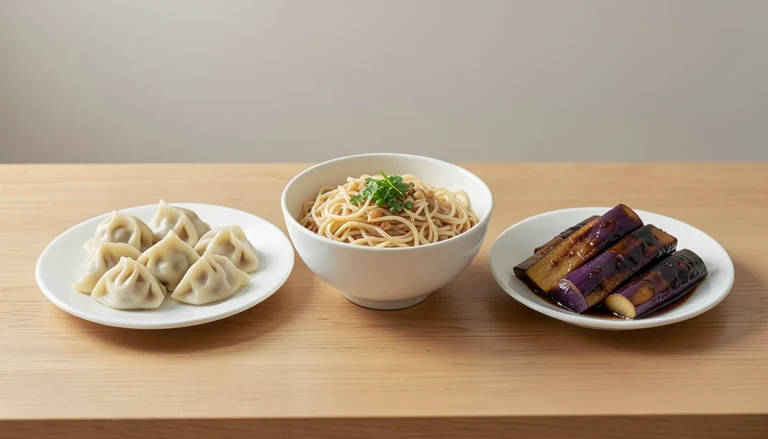 AI illustration of Illustration of a shared meal with dumplings, noodles and cooked eggplant.