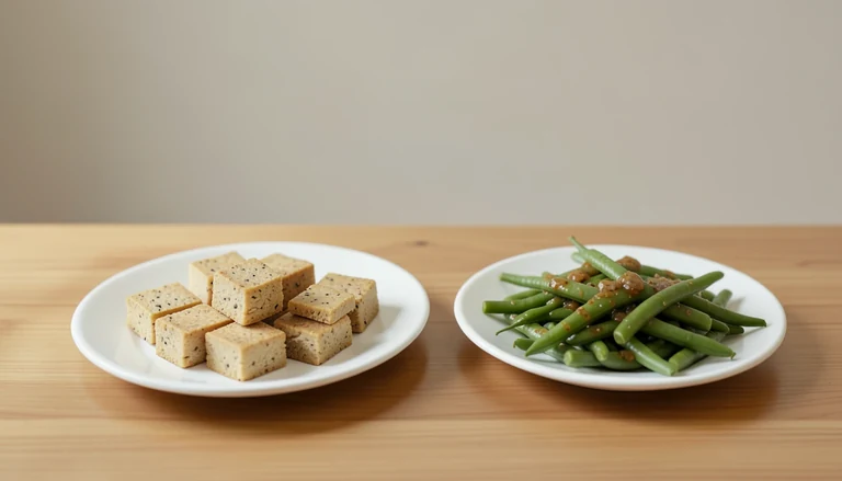 AI illustration of Generated food illustration of sesame tofu and string beans with garlic sauce.