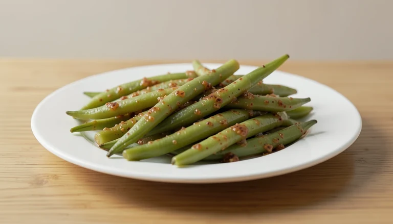 AI illustration of Generated food illustration of cooked string beans with garlic sauce.